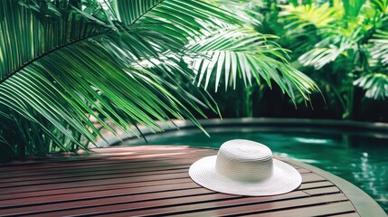 Obraz premium Serene Tropical Getaway: A White Sun Hat by the Poolside