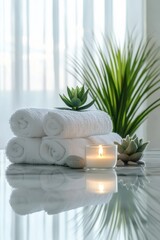 Serene Spa Setting: White Towels, Candle, and Succulents