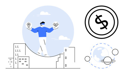 Person balancing on graph line holding icons of idea and collaboration over a cityscape. Dollar sign, planet in orbit nearby. Ideal for innovation, collaboration, finance, growth, strategy