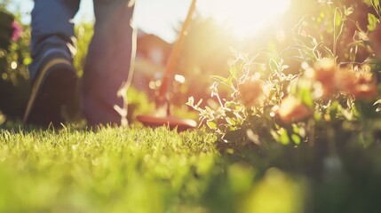 Sunlit Gardening Experience with Flowering Plants and Fresh Grass