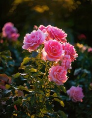 Fototapeta premium Glowing Pink Roses in a Tranquil Garden Scene