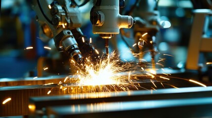Robotic Arm Engaging in Metal Cutting Process with Sparks Flying