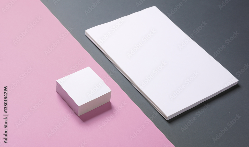 Poster white sheets of a4 paper and square memo paper stack on a pink-gray background. template for design