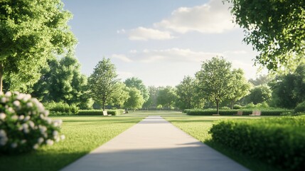 Serene park pathway, lush green trees and vibrant flowers lining a tranquil walkway, ideal for relaxation and leisure activities.
