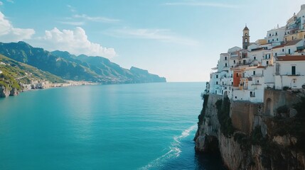 Naklejka premium Seaside village overlooking calm waters, colorful buildings perched on cliffs, mountains in background, serene escape with text space.