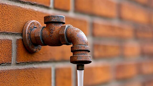 A close-up of a rusty pipe fitting attached to a brick wall, showcasing industrial decay.