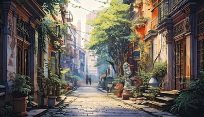 Fototapeta premium A beautifully detailed digital painting of a sunlit alleyway adorned with lush greenery, traditional architecture, and an inviting, peaceful atmosphere.