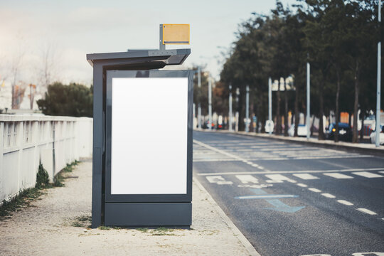 Modern bus stop with a blank vertical advertising billboard mock-up on a sidewalk near an empty city road. Urban environment with trees, road markings, and a pedestrian crossing near the template