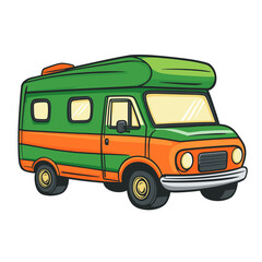 Cartoon trailer in retro style with green, orange, and white colors for travel depiction.