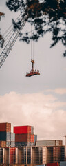 A vertorama with a large industrial crane lifting a heavy-duty spreader over a shipping container...