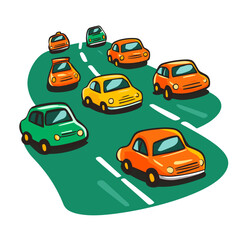 Naklejka premium Cartoon cars on curvy road in colorful style with varied colors.