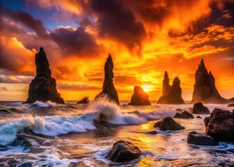 Black Lava Sea Stacks Silhouette Photography: Dramatic Ocean Sunset, Volcanic Rock Formations