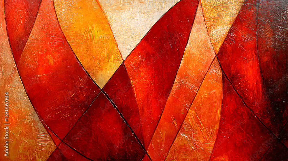 Poster an abstract painting featuring a striking combination of red and yellow triangular designs creating 