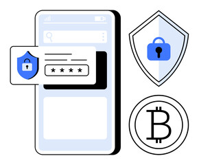 Mobile phone screen with password input interface, security shield icon, and cryptocurrency symbol. Ideal for digital security, fintech, mobile applications, online privacy, authentication