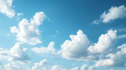 Expansive blue sky with fluffy white clouds, tranquil atmosphere, ideal for backgrounds or serene projects, nature theme.