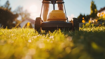 Close-Up View of Lawnmower in Action on a Sunny Green Lawn