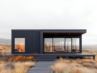 Sustainable wooden cabin with modern minimalist design, large glass panels, and surrounding nature, Sustainable Architecture Minimalist, modern cabin