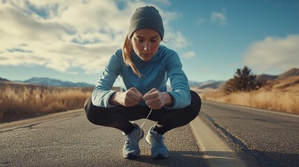 Dedicated Runner Preparing for a Sprint with Tied Shoelaces