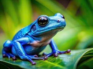 Obraz premium Blue Frog Closeup, Vibrant Amphibian, Large Eyes, Nature Photography, Green Background