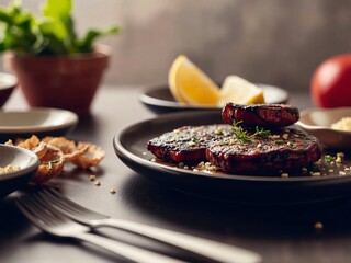 Gourmet Grilled Steak with Lemon and Herb Garnish on Dark Plate