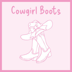 A pink digital line drawing of a pair of cowgirl boots with a wide-brimmed hat adorned with a large bow resting on top, Vector illustration