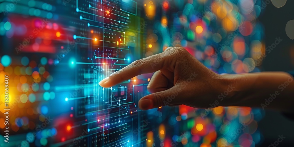 Aufkleber hand interacting with a futuristic digital touchscreen, featuring glowing neon interfaces, data netw