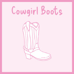 A pink digital line drawing of a single cowgirl boot with a heart-shaped detail on the strap, Vector illustration