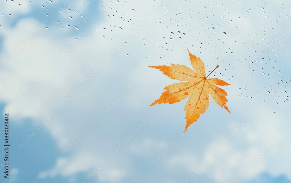 Aufkleber a single orange maple leaf floating in the air, against an overcast sky background with raindrops on