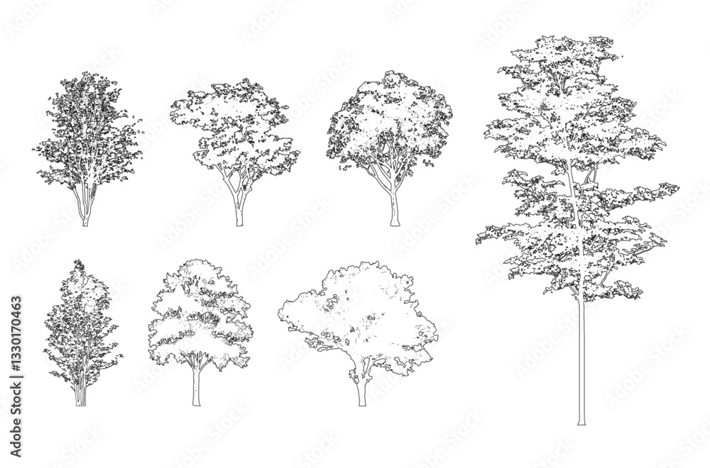 Leinwandbilder minimal style cad tree line, side view, set of graphics trees elements outline symbol for architectu