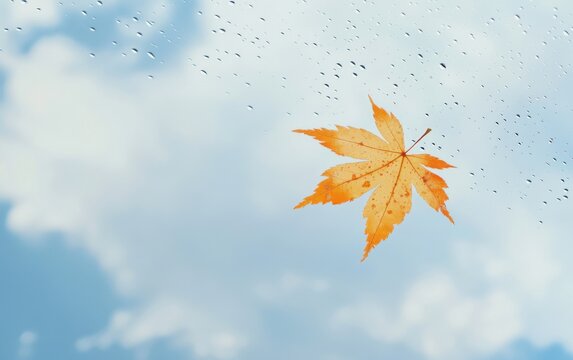 A single orange maple leaf floating in the air, against an overcast sky background with raindrops on glass windows. The leaf is vibrant against the soft blue and white clouds, creating a serene autumn