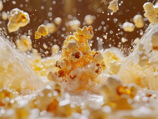 Popcorn Explosion with Droplets of Water in a Close-Up View