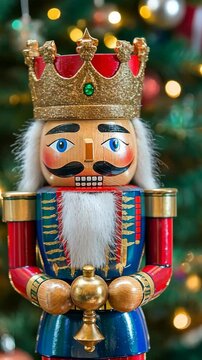 Colorful nutcracker with a crown stands in front of a festive Christmas tree during the holiday season