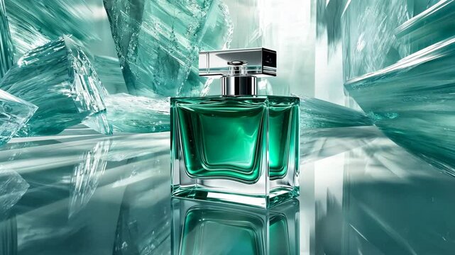Captivating green perfume bottle set against an icy blue backdrop showcasing elegance and luxury