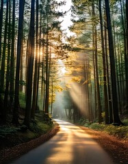Obraz premium Sunlit Forest Road with Lush Greenery and Serene Natural Beauty