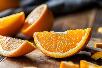 Freshly Cut Juicy Orange Slices on Wooden Table Background