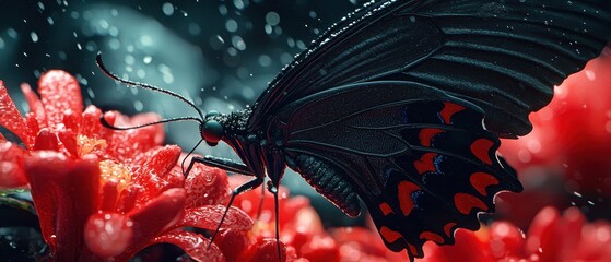 Black Butterfly Perched on Vibrant Red Flower with Raindrops