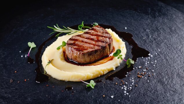 Elegant high contrast overhead view of seared filet mignon on creamy mashed potatoes for gourmet dining