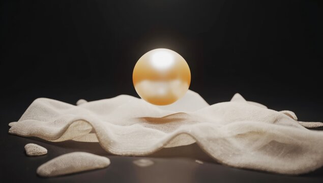 Enchanting levitation of a lustrous pearl emerging from an opulent seashell on black silk bed