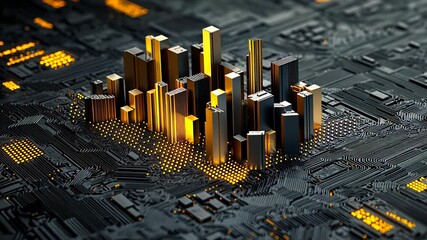 A 3D representation of golden buildings rising over a black circuit board, symbolizing technology and urban development.
