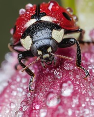 Close-Up of Ladybug on Dewy Flower Petal in Nature's Beauty