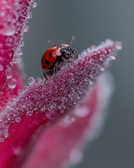 Close-up of Ladybug on Flower Petal with Dew Drops in Nature