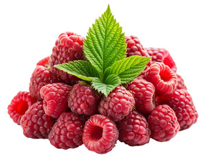  stack of fresh raspberries with leaves  isolated on white background.PNG