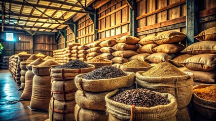 Candid Warehouse Coffee: Stacked Hemp Coffee Bean Sacks, Rustic Storage, Coffee Production, Agricultural Commodity