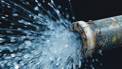 High speed close-up of water exploding from rusty pipe joint illustrating infrastructure failure and maintenance issues