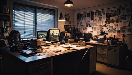 Dimly Lit Detective Office Filled with Cluttered Papers, Evidence Boards, and Vintage Mystery Ambience
