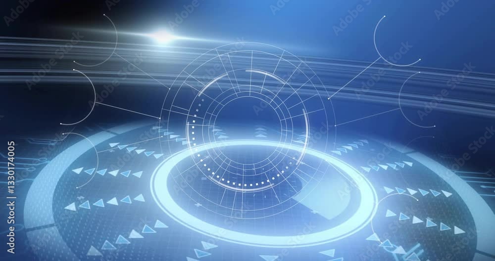 Poster glowing blue light effects in animation with futuristic digital interface patterns