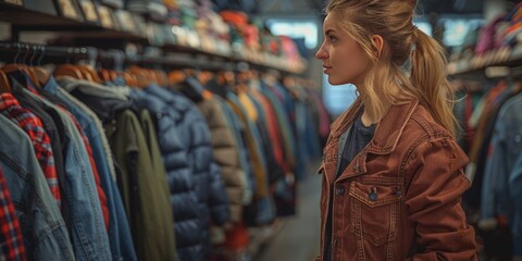 Obraz premium Young woman in a brown denim jacket browsing jackets in a stylish boutique. The warm tones of her outfit contrast