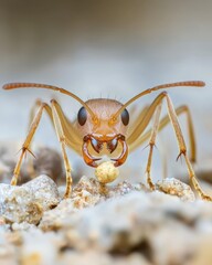 Close-up of Ant Holding Small Object on Sandy Ground