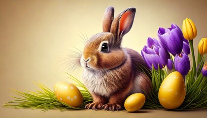 Easter bunny surrounded by colorful Easter eggs and flowers. Illustration, Easter graphics
