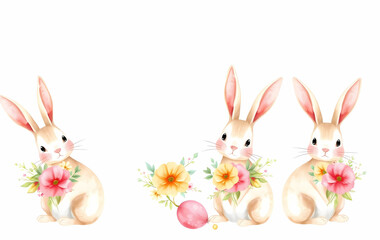 Obraz premium Watercolor cute rabbit and flowers, hand-painted bunny, spring floral animals, baby hare spring nature art nursery decor easter bunny and eggs